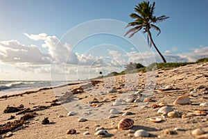 Sandy beach with palm tree and shells