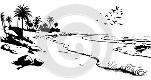 Sandy beach with palm trees and rocks with flying birds in sky abstract drawing black and white outline ink drawing