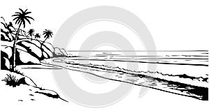 Sandy beach with palm trees and rocks with flying birds in sky abstract drawing black and white outline ink drawing