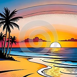 Sandy beach with palms at sundown - Cartoon style seascape