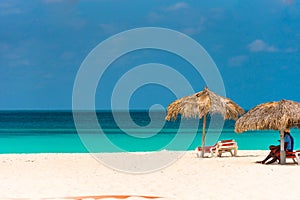 Sandy beach Playa Paradise of the island of Cayo Largo, Cuba. Copy space for text.