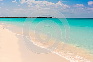 Sandy beach Playa Paradise of the island of Cayo Largo, Cuba. Copy space for text. photo