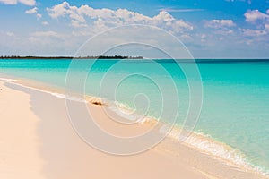 Sandy beach Playa Paradise of the island of Cayo Largo, Cuba. Copy space for text.