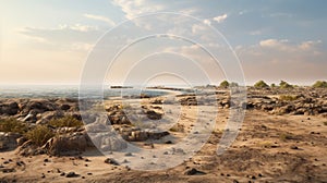 Sandy Beach And Rocky Shore: Vray Tracing With Orientalist Imagery photo