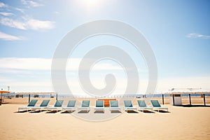 sandy beach with rows of empty sunbeds