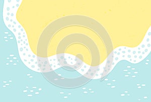 Sandy beach with sea, ocean waves lapping on shore, seaside top view background.