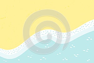 Sandy beach with sea, ocean waves lapping on shore, seaside top view background.