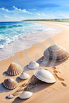 Sandy beach, sea, waves of shells on the shore, summer, sun, digital.painting, illustration