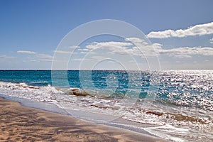 Sandy beach shoreline on Fuerteventura