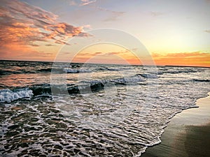 Sandy Beach Sunset and Waves