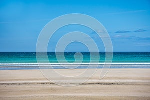 Sandy beach under the blue sky. Isle of North Uist, Outer Hebrides, Scotland