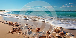 A sandy beach with a wide shore dotted with sea shells, where every step reminds of adventures at