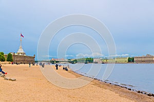 Sandy beach on Zayachy Hare Island near Peter and Paul Fortress