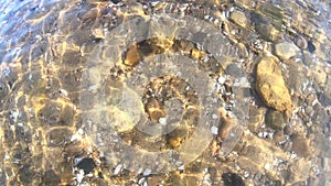 Sandy bottom with stones shell rock through ripples on clear transparent water