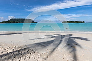 Sandy bounty beach paradise tropic island turquoise blue lagoon  green trees