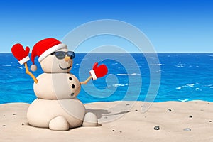 Sandy Christmas Snowman at Sunny Beach. 3d Rendering