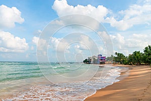 Sandy coast beach and hotels with sea view