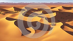 Sandy desert with high dunes on a sunny hot day. AI generation