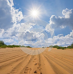 Sandy desert under a sparkle sun