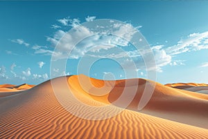 Sandy desert vista with gentle dunes under a deep blue sky, minimal vegetation visible.. AI generated.