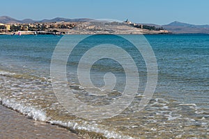 Sandy dunes and turquoise water of Costa Calma beach, Fuerteventura, Canary islands, Spain in winter