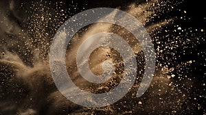 Sandy explosion isolated on over dark background, Sand explosion with splashes