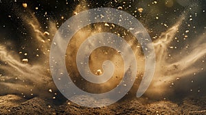 Sandy explosion isolated on over dark background, Sand explosion with splashes