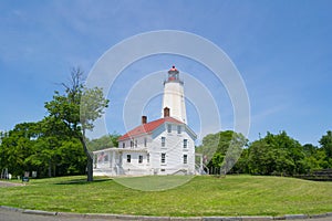 Sandy Hook Lighthouse and tower at the Jersey Shore. NJ, USA