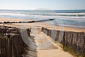 Sandy ocean path way access to sand beach sea with wooden fence in summer day