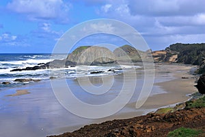 Sandy Pacific Beach and Seastacks at Seal Rocks State Park, Oregon Coast, USA