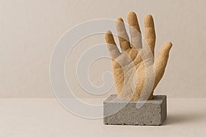 A sandy palm on a concrete pedestal. Space for text.