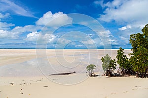 Sandy paradise beach of azure turquoise blue shallow lagoon, North Tarawa atoll, Kiribati, Gilbert Islands, Micronesia, Oceania.