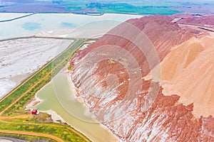 Sandy piles of potash waster situated near waste waters, aerial landscape. Industry concept