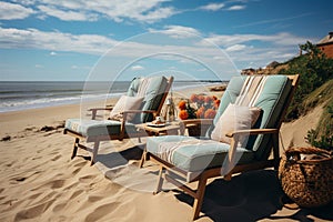 Sandy recliners Chaise lounges on the beach offer restful waterfront relaxation