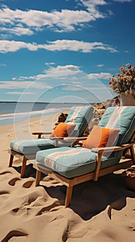 Sandy recliners Chaise lounges on the beach offer restful waterfront relaxation