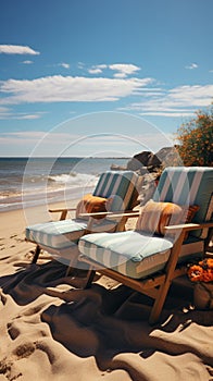 Sandy recliners Chaise lounges on the beach offer restful waterfront relaxation