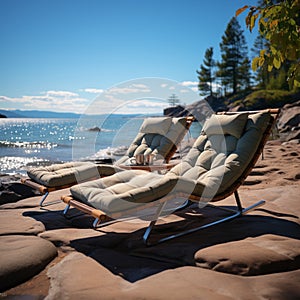 Sandy recliners Chaise lounges on the beach offer restful waterfront relaxation