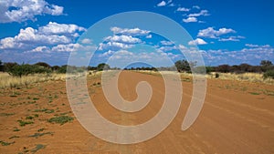 Sandy road with tire tracks through African national park. Seen on a game drive.