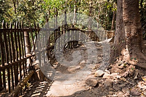 A sandy and rocky road in a tropical Park with a bamboo fence.