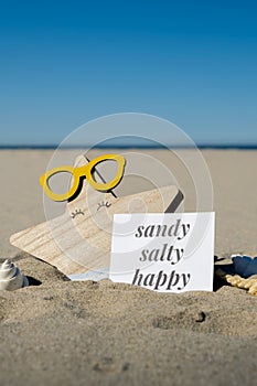 SANDY SALTY HAPPY text on paper greeting card on background of funny starfish in glasses summer vacation decor. Beach