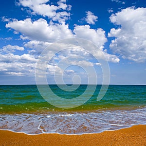 sandy sea beach under blue cloudy sky