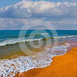 sandy sea beach under cloudy sky