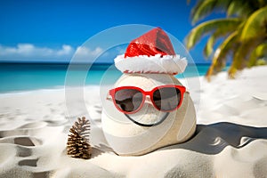 Sandy snowman. Creative Xmas and New Year background. Imitation of sandy Christmas snowman in red santa hat and sunglasses at