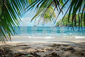 Sandy tropical beach background. Palm leaves in the top corners making frame