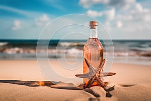 Sandy tropical beach with bottle and starfish, summer vacation, tropical destination. Generative ai
