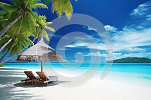sandy tropical beach paradise, soaking up the warm summer sun, Palm trees, comfortable beach chair