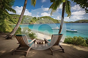 sandy tropical beach paradise, soaking up the warm summer sun, Palm trees, comfortable beach chair