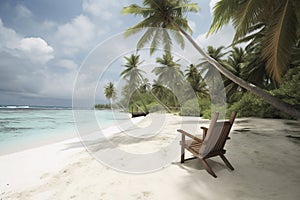 sandy tropical beach paradise, soaking up the warm summer sun, Palm trees, comfortable beach chair