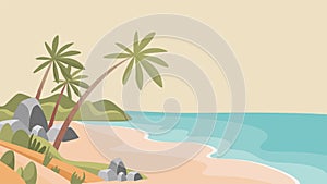 Sandy tropical beach vector flat illustration. Uninhabited desert island with blue sea and white sandy beach.