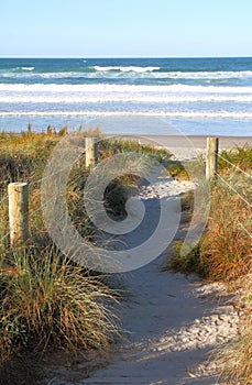 A sandy walkway to a deserted beach